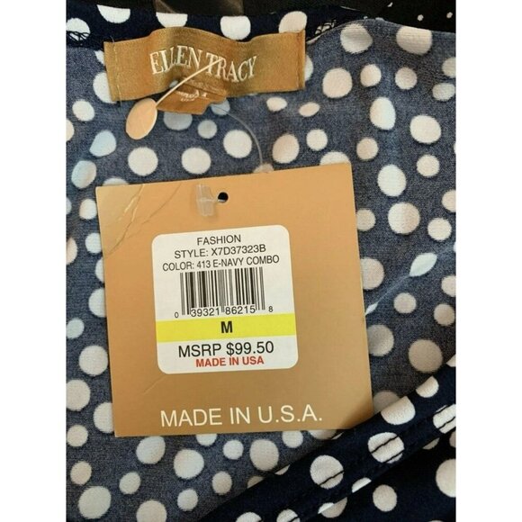 Ellen Tracy M Navy-White Dot Print V-Neckline Ruched Sleeveless Below Knee Dress - Picture 6 of 6